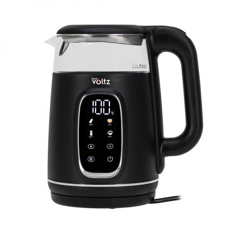Електрическа кана Oliver Voltz OV51230AF, 2200W, 1.7 л, 4 режима, 13 темп. настройки, LCD дисплей, Сензорен контрол, Черен/Сребрист — оферта от alleop.bg