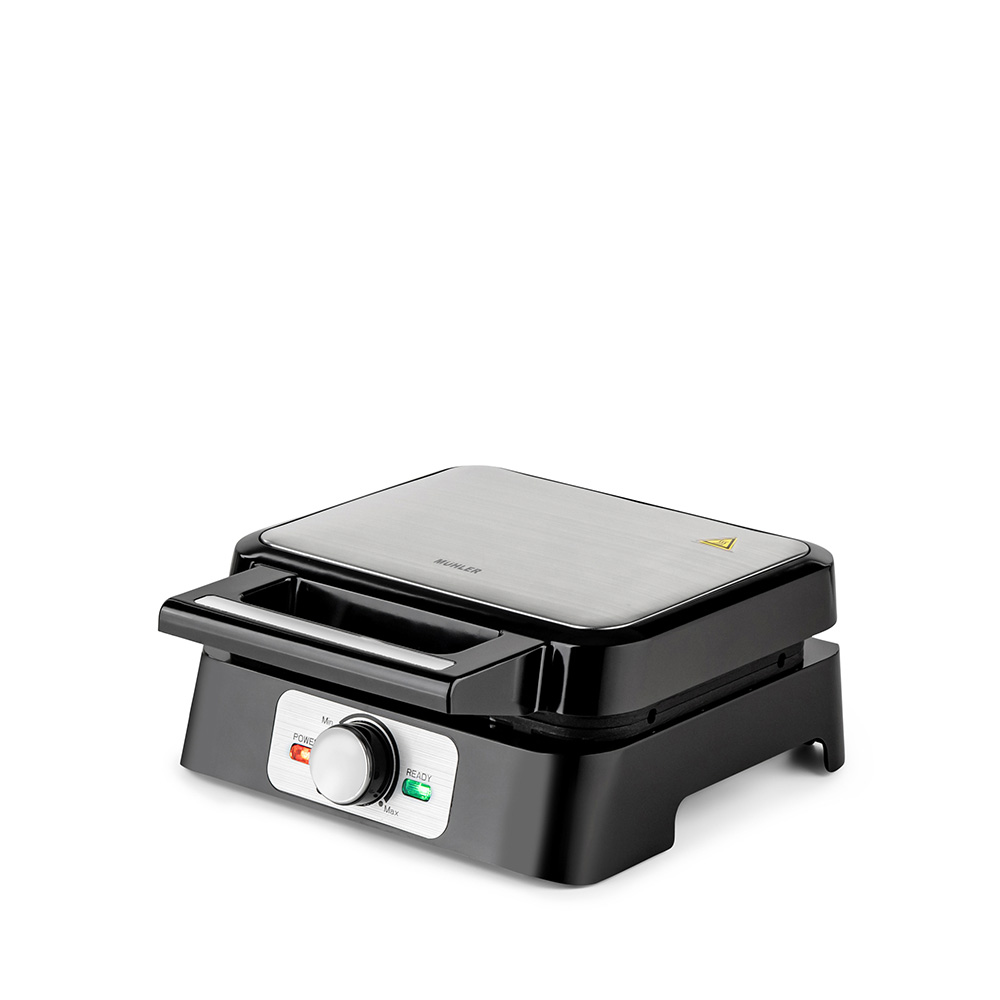Гофретник Muhler MHT-1666WXL, 1600W, Незалепващо покритие, Тип белгийска вафла, Регулируем термостат, Черен/Инокс — оферта от potrebno.bg