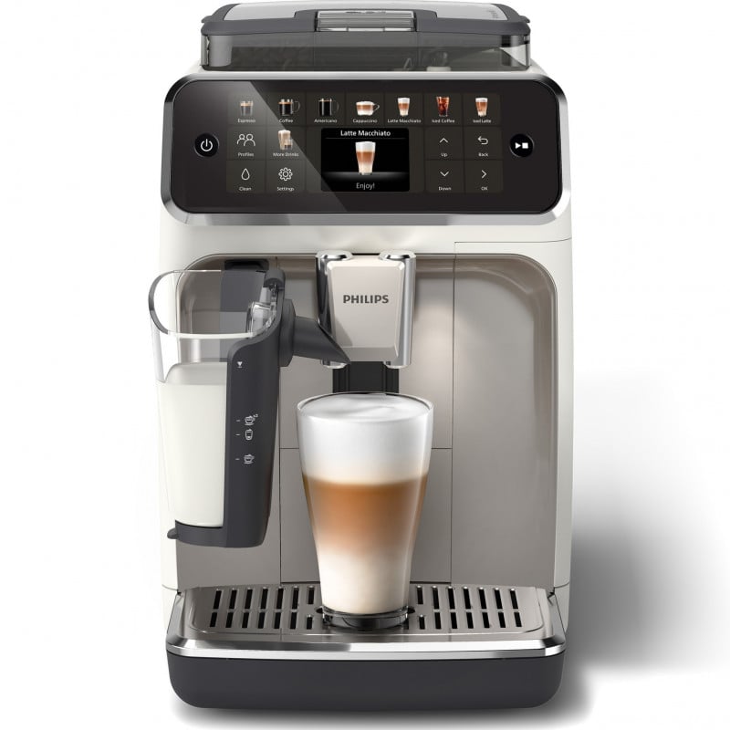 Кафеавтомат Philips LatteGo 5500 EP5543/90, 1500W, 15 bar, 1.8 л, 20 напитки, LatteGo, SilentBrew, QuickStart, Керамична мелачка, Сензорен екран, Бял хром — оферта от alleop.bg