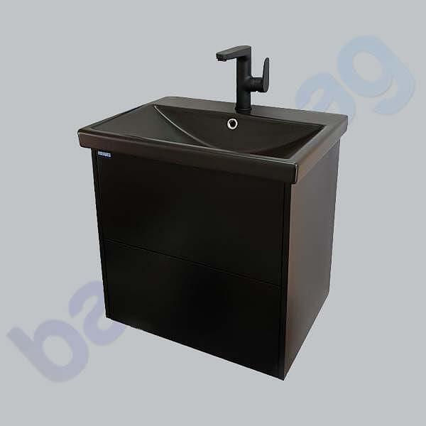 BM Конзолен долен шкаф за баня, с две чекмеджета, цвят черен мат — оферта от banyamag.com