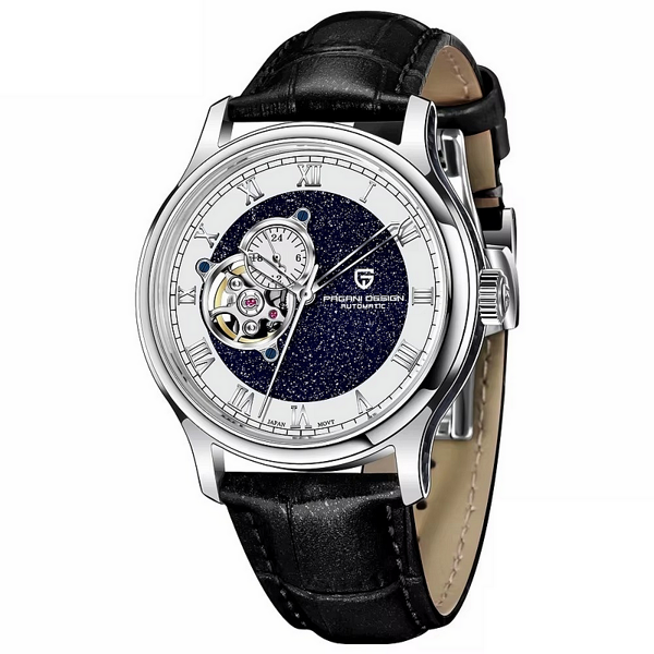 Мъжки часовник Pagani Design Evolue, Автоматичен, Естествена кожа, Скелетон, Черен — оферта от nubi.bg