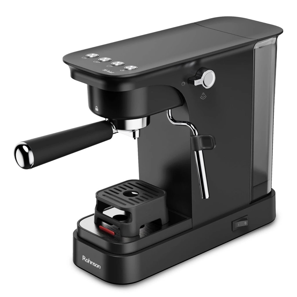 Еспресо машина Rohnson R-98026, 1400W, 20bar, 0.8L резервоар, Дюза за капучино, Тънък дизайн, Черен — оферта от technomani.bg/
