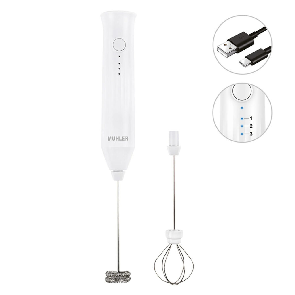 Мини фрапе миксер Muhler FMX-1010C, 6W, Безжичен, 2 приставки, USB Type-C, 3 скорости, Бял — оферта от potrebno.bg