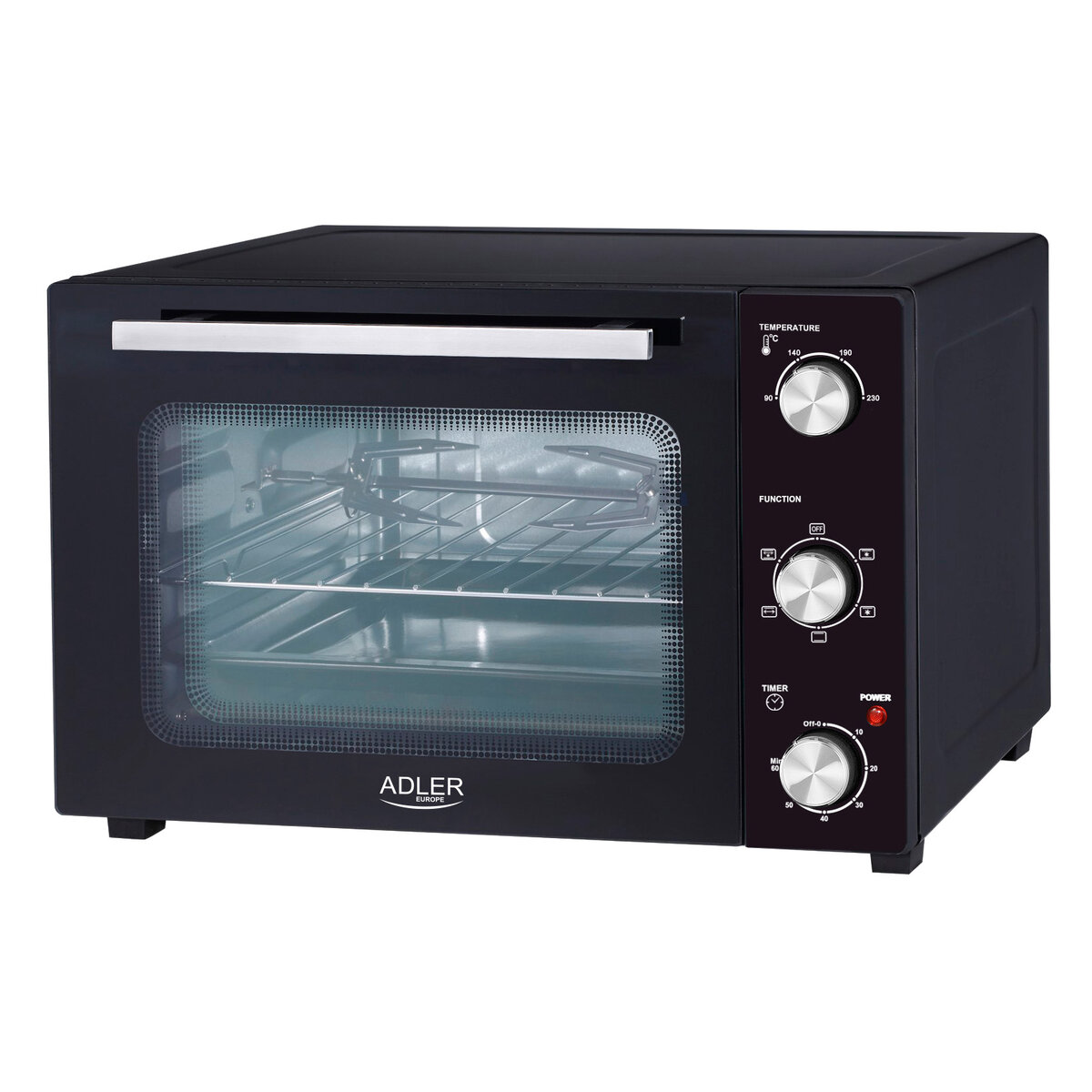 Мини фурна Adler AD-6025, 1500W, 35L, Въртящ се шиш, Конвекция, 90-230°C, Таймер, Черен — оферта от technomani.bg/