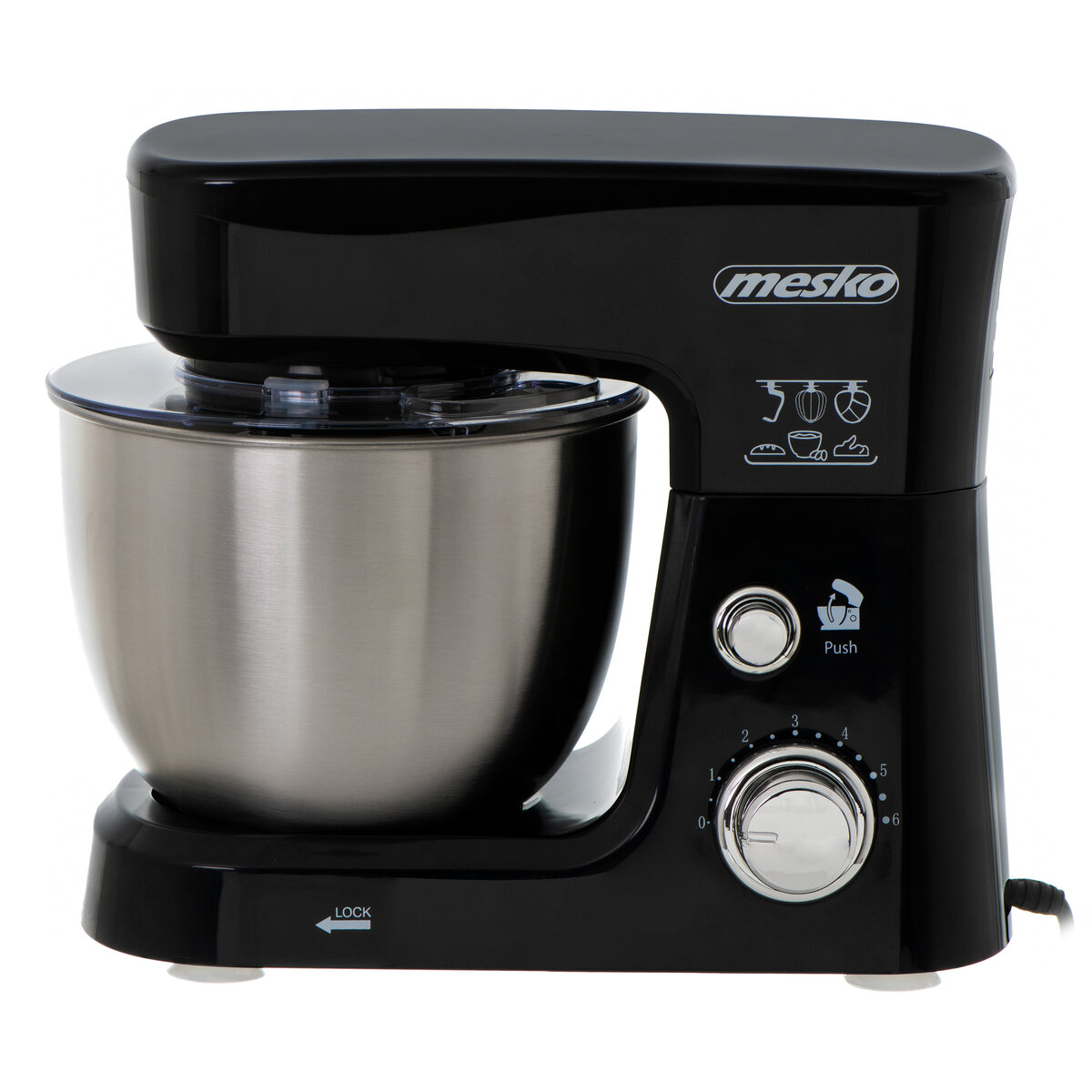 Планетарен миксер Mesko MS-4217, 1200W, 3.5L, 6 скорости, 3 приставки + шпатула, Черен — оферта от technomani.bg/